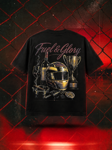 Fuel and Glory oversized tee in black, large back-print mockup