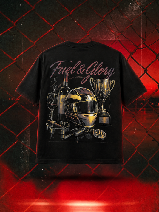 Fuel and Glory oversized tee in black, large back-print mockup