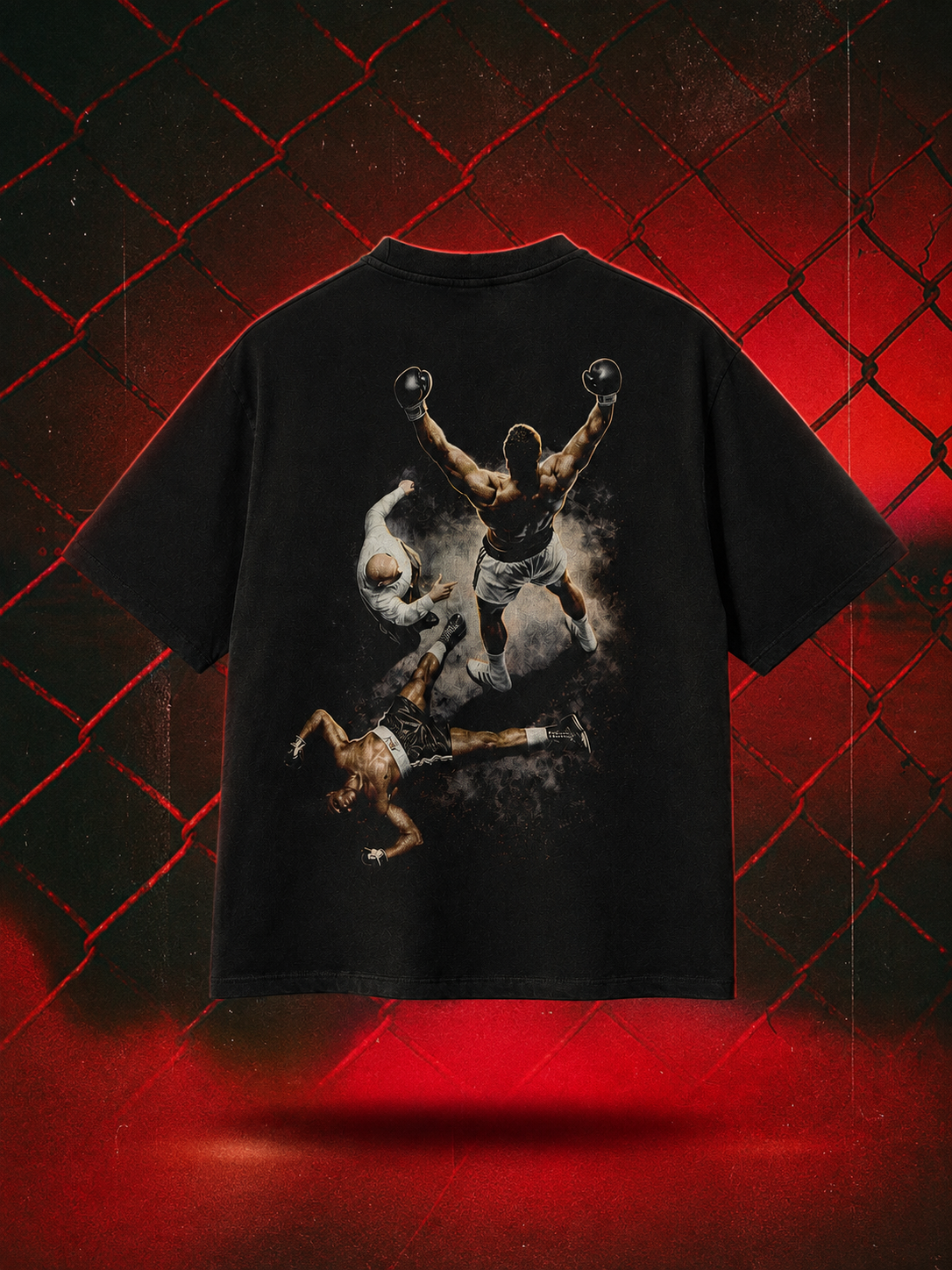 Grace Under Pressure oversized tee in black, cinematic boxing back-print mockup
