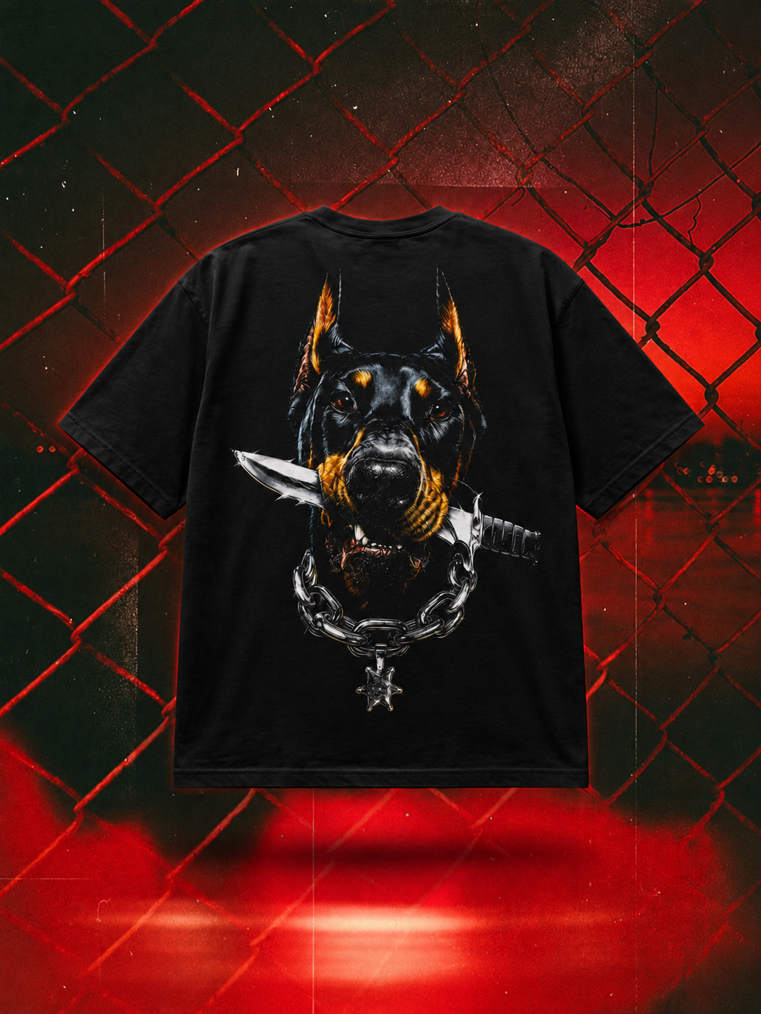 No Leash oversized tee in black, Doberman back-print mockup