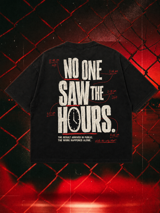 No One Saw the Hours oversized tee in black, 240 GSM back-print mockup