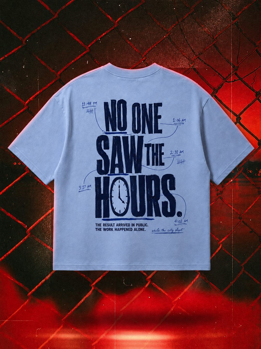 No One Saw the Hours oversized tee in blue, 240 GSM back-print mockup