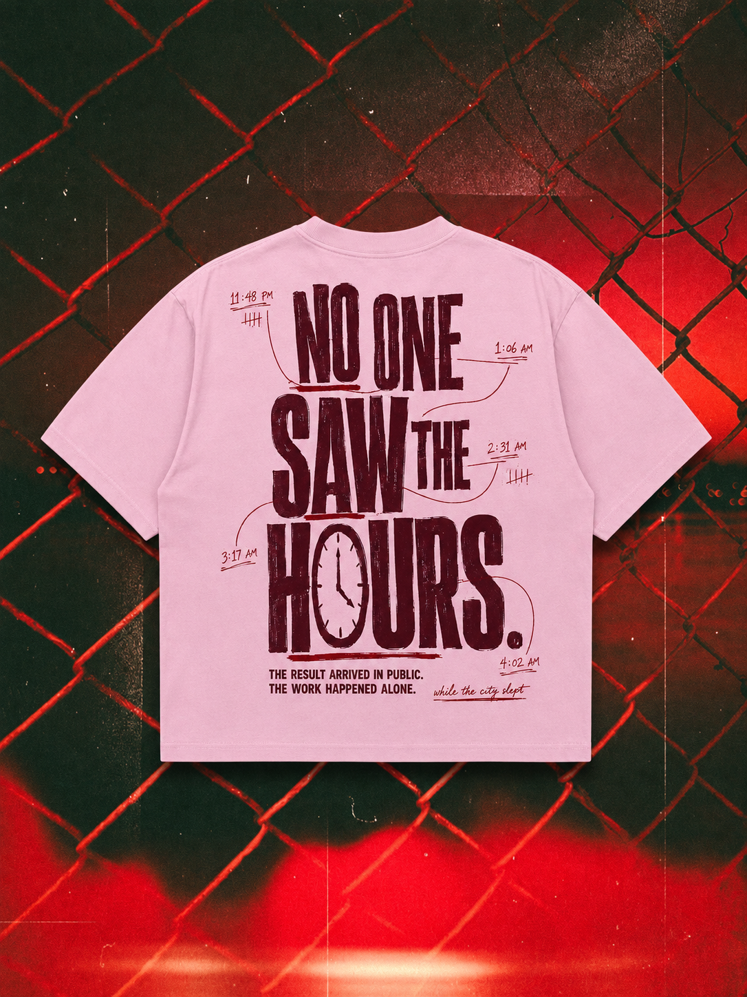 No One Saw the Hours oversized tee in pink, 240 GSM back-print mockup