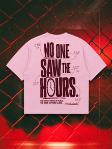 No One Saw the Hours oversized tee in pink, 240 GSM back-print mockup