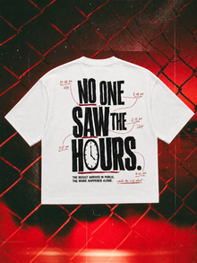 No One Saw the Hours oversized tee in white, 240 GSM back-print mockup
