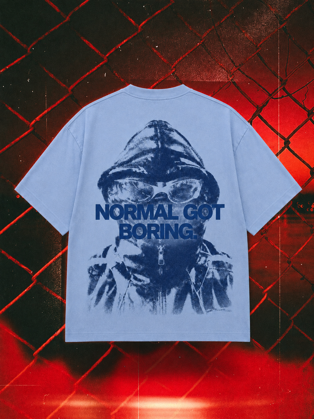 Normal Got Boring oversized tee in blue, 240 GSM back-print mockup