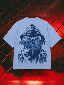 Normal Got Boring oversized tee in blue, 240 GSM back-print mockup