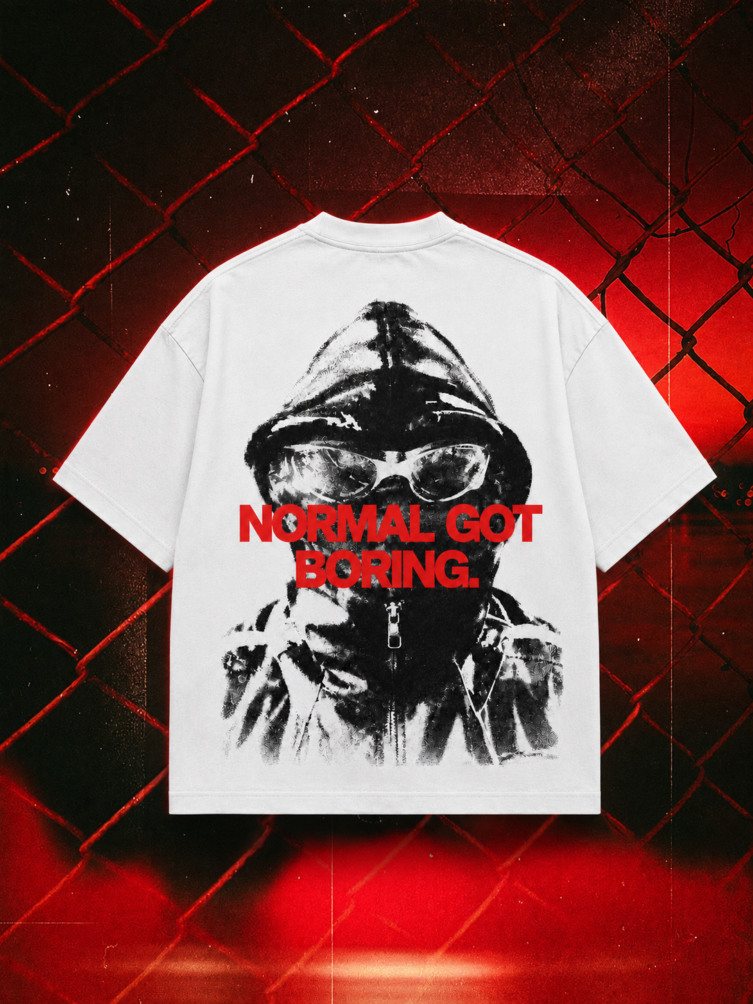 Normal Got Boring oversized tee in white, 240 GSM back-print mockup