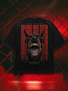 Silence Has Teeth oversized tee in black, 240 GSM back-print mockup