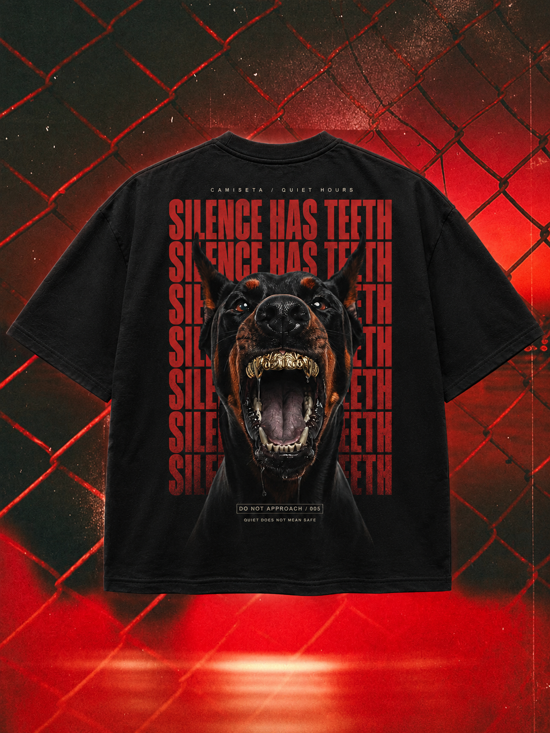 Silence Has Teeth oversized tee in black, 300 GSM back-print mockup