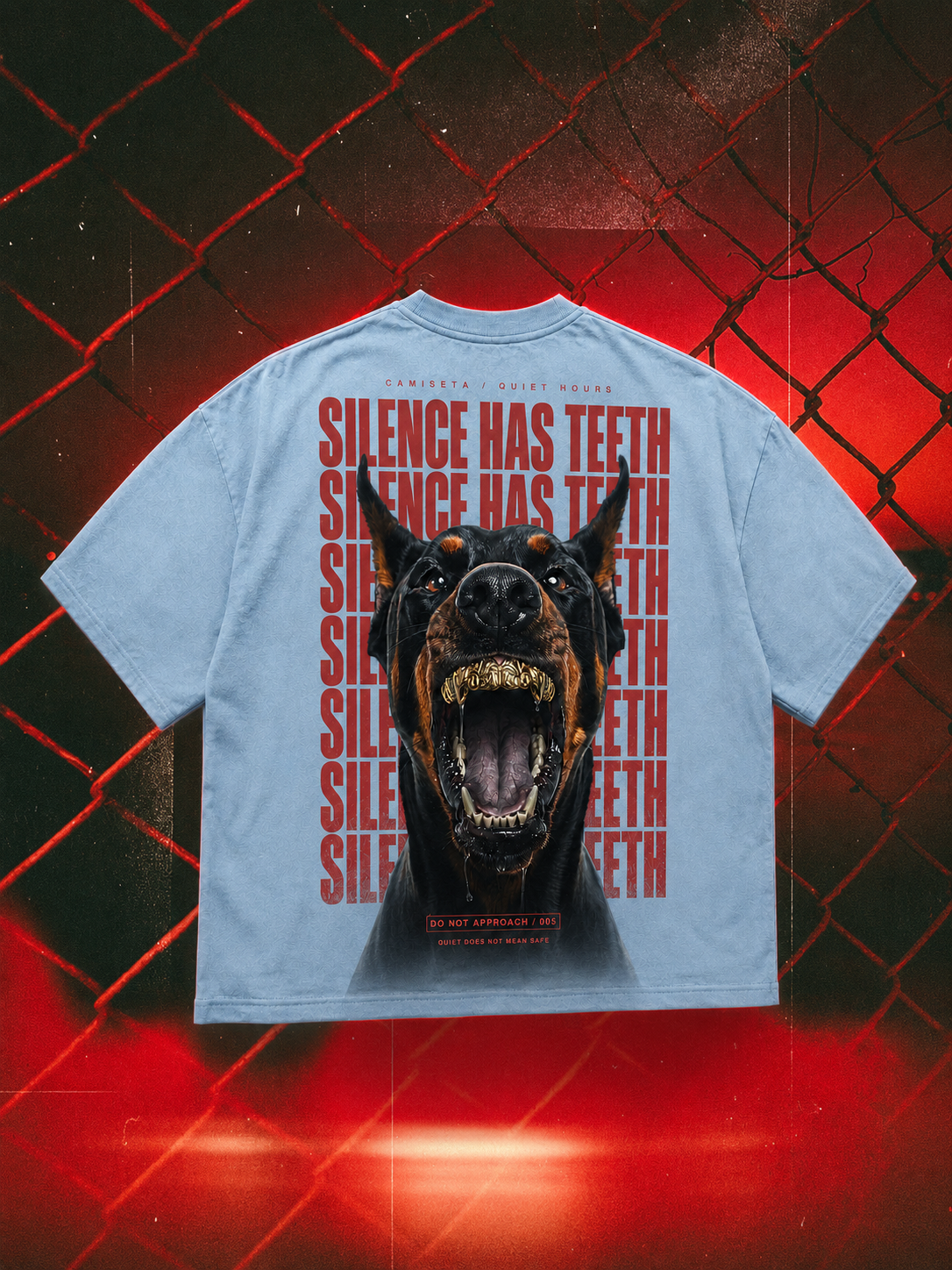 Silence Has Teeth oversized tee in blue, 240 GSM back-print mockup
