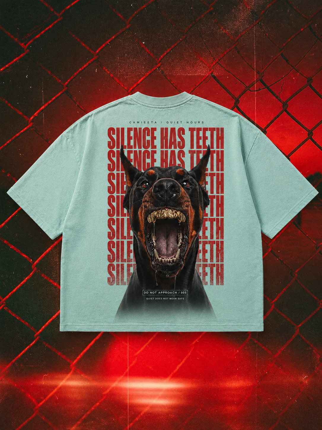 Silence Has Teeth oversized tee in cyan, 300 GSM back-print mockup