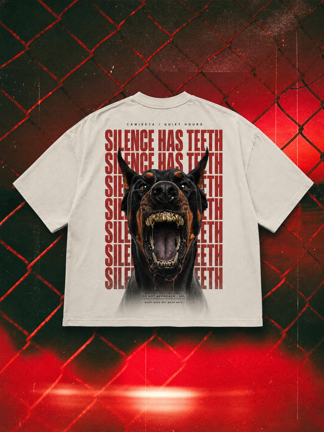 Silence Has Teeth oversized tee in ivory, 300 GSM back-print mockup