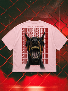 Silence Has Teeth oversized tee in pink, 240 GSM back-print mockup