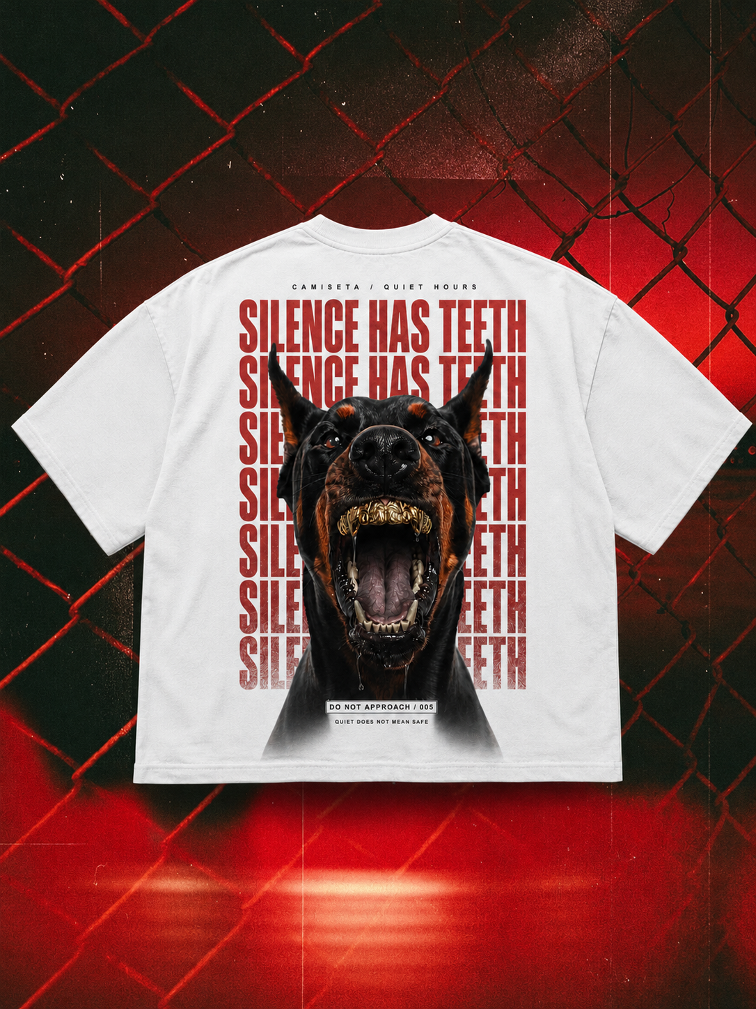 Silence Has Teeth oversized tee in white, 240 GSM back-print mockup