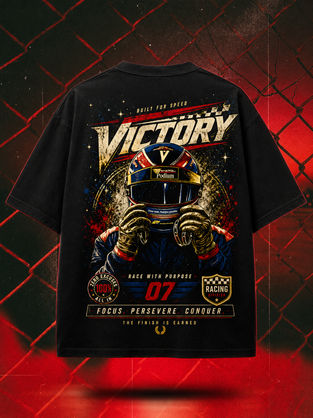Victory oversized tee in black, motorsport back-print mockup