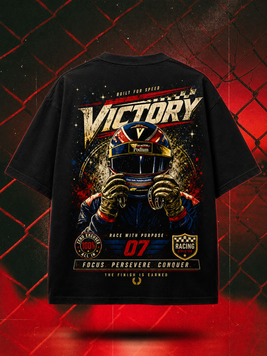 Victory oversized tee in black, motorsport back-print mockup